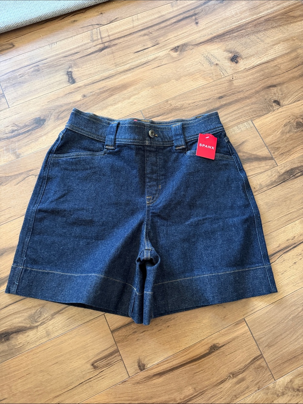 SPANX Denim Trouser Shorts 6 Inch Raw Indigo Size Medium NEW